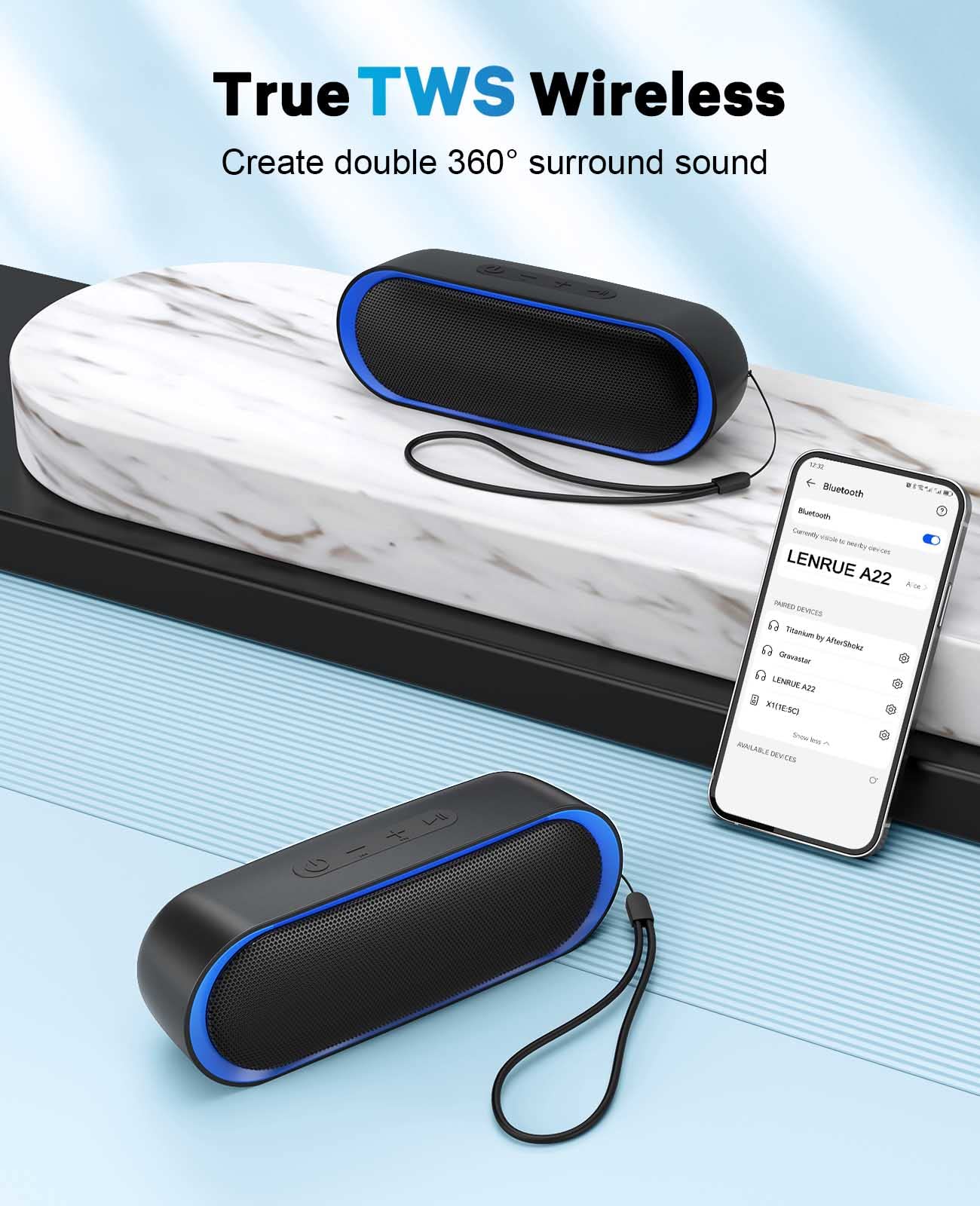 LENRUE Bluetooth Speakers, Waterproof Portable Speakers with TWS, 24 Playtime, Stereo Sound, Wireless for Home Shower Pool Beach Outdoor (Black)